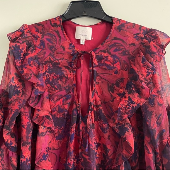 New! Cinq a Sept Livie Dark Red Print Tie Neck Ruffled Mini Dress 20722 - Picture 4 of 10